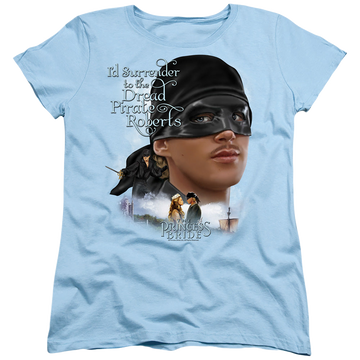 Light blue women's t-shirt with The Princess Bride Surrender graphic