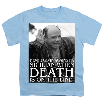 Light blue youth t-shirt for ages 8 to 12 with The Princess Bride Sicilian graphic