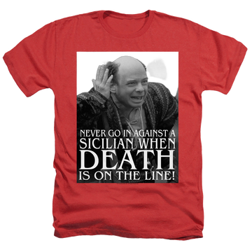 Red men's heather t-shirt with The Princess Bride Sicilian graphic