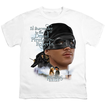 White youth t-shirt for ages 8 to 12 with The Princess Bride Surrender graphic