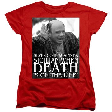 Red women's t-shirt with The Princess Bride Sicilian graphic