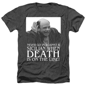 Black men's heather t-shirt with The Princess Bride Sicilian graphic