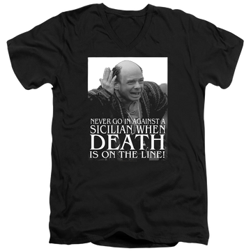 Black men's v-neck t-shirt with The Princess Bride Sicilian graphic