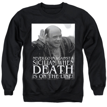 Black men's crewneck sweatshirt with The Princess Bride Sicilian graphic