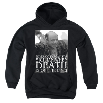 Black youth hoodie for ages 8 to 12 with The Princess Bride Sicilian graphic