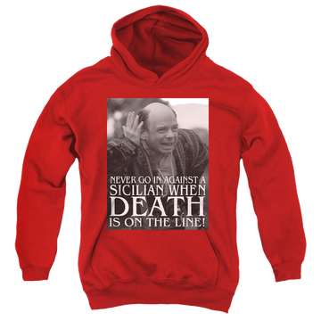 Red youth hoodie for ages 8 to 12 with The Princess Bride Sicilian graphic