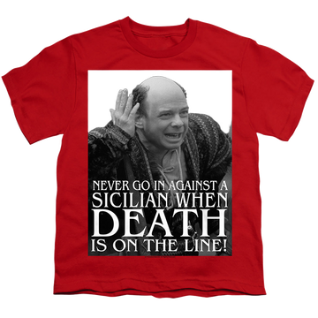 Red youth t-shirt for ages 8 to 12 with The Princess Bride Sicilian graphic