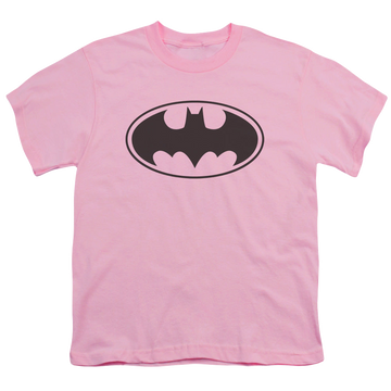 Pink youth t-shirt for ages 8 to 12 with DC Batman Black Bat graphic