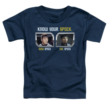 Navy kid's t-shirt for ages 4 to 7 with Star Trek The Original Series Know Your Spock graphic