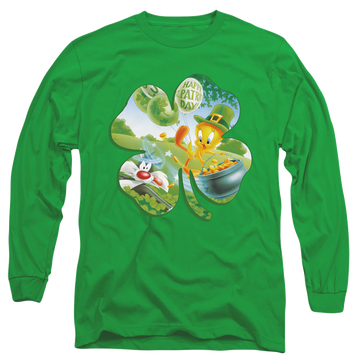 Kelly green men's long sleeve t-shirt with St. Patrick's Day Looney Tunes/Tweety Shamrock graphic