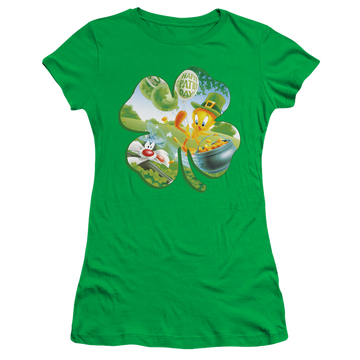 Kelly green juniors t-shirt with St. Patrick's Day Looney Tunes/Tweety Shamrock graphic