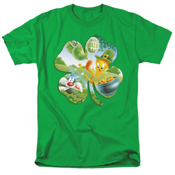Kelly green men's regular fit t-shirt with St. Patrick's Day Looney Tunes/Tweety Shamrock graphic
