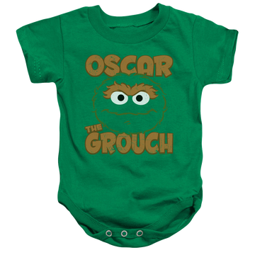 Kelly green baby bodysuit with Sesame Street Oscar Sandwich graphic