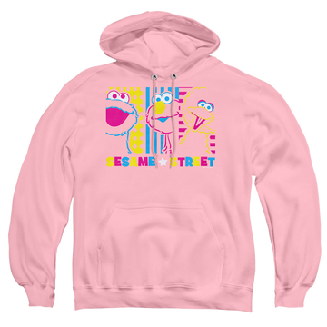 Pink pullover hoodie with Sesame Street See Em Why graphic