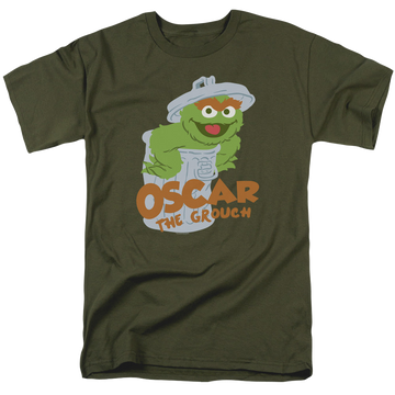 Military green men's regular fit t-shirt with Sesame Street Flat Oscar graphic