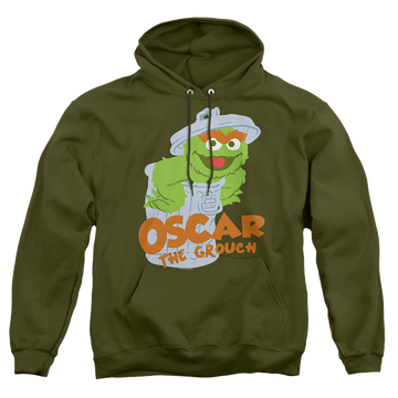 Military green pullover hoodie with Sesame Street Flat Oscar graphic
