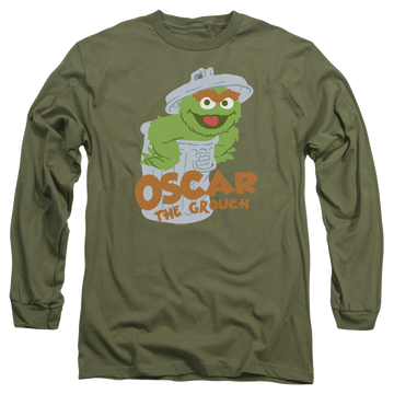 Military green men's long sleeve t-shirt with Sesame Street Flat Oscar graphic