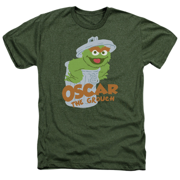 Military green men's heather t-shirt with Sesame Street Flat Oscar graphic