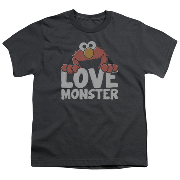 Charcoal youth t-shirt for ages 8 to 12 with Sesame Street Love Monster graphic