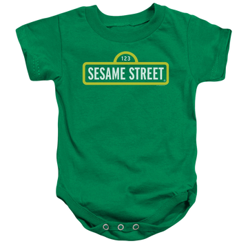 Kelly green baby bodysuit with Sesame Street Logo graphic