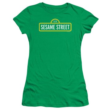 Kelly green juniors t-shirt with Sesame Street Logo graphic