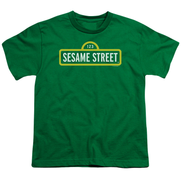 Kelly green youth t-shirt for ages 8 to 12 with Sesame Street Logo graphic
