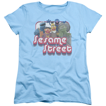 Light blue women's t-shirt with Sesame Street Groovy Group graphic