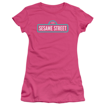 Hot pink juniors t-shirt with Sesame Street Alt Logo graphic