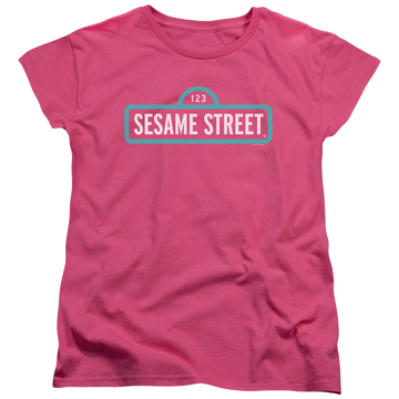 Hot pink women's t-shirt with Sesame Street Alt Logo graphic
