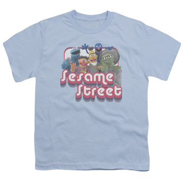 Light blue youth t-shirt for ages 8 to 12 with Sesame Street Groovy Group graphic