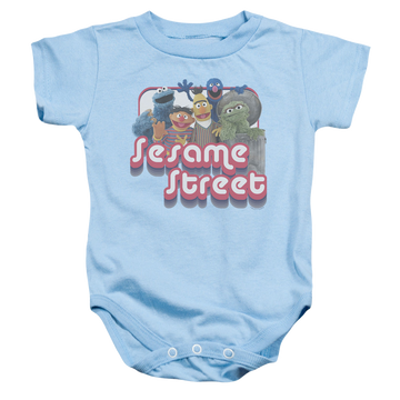 Light blue baby bodysuit with Sesame Street Groovy Group graphic