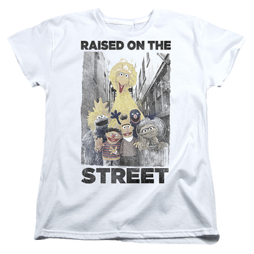 White women's t-shirt with Sesame Street Raised On The Streets graphic