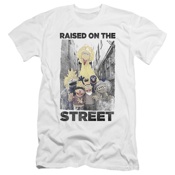 White men's premium slim fit t-shirt with Sesame Street Raised On The Streets graphic