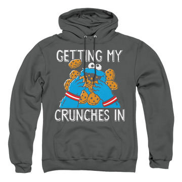 Charcoal pullover hoodie with Sesame Street Cookie Monster My Crunches graphic