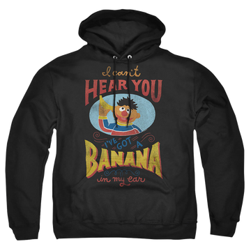 Black pullover hoodie with Sesame Street Ernie Banana In My Ear graphic