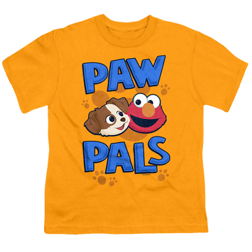 Gold youth t-shirt for ages 8 to 12 with Sesame Street Paw Pals graphic