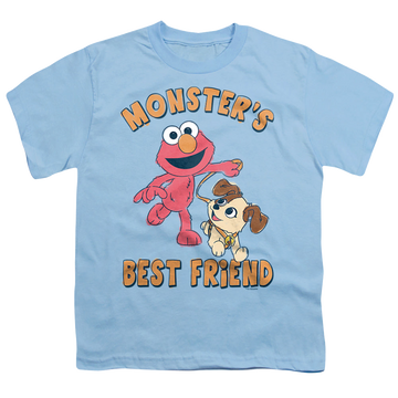 Light blue youth t-shirt for ages 8 to 12 with Sesame Street Monster's Best Friend graphic