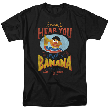 Black men's regular fit t-shirt with Sesame Street Ernie Banana In My Ear graphic