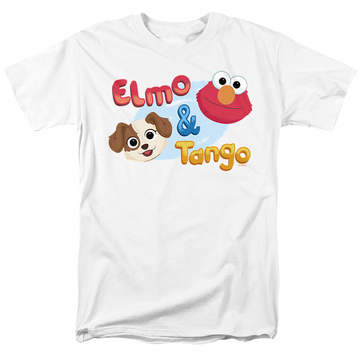 White men's regular fit t-shirt with Sesame Street Elmo & Tango graphic