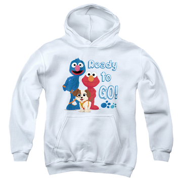 White youth hoodie for ages 8 to 12 with Sesame Street Ready To Go graphic