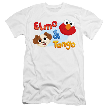 White men's premium slim fit t-shirt with Sesame Street Elmo & Tango graphic