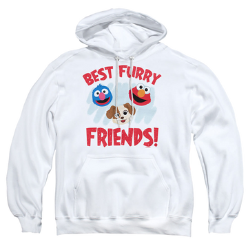White pullover hoodie with Sesame Street Best Furry Friends graphic