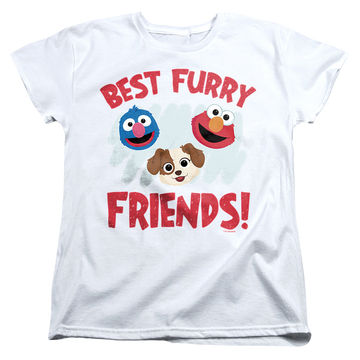 White women's t-shirt with Sesame Street Best Furry Friends graphic