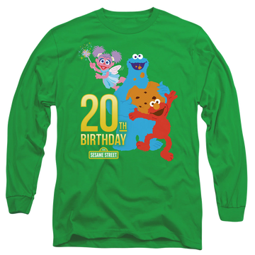 Kelly green men's long sleeve t-shirt with Sesame Street 20Th Birthday Group graphic