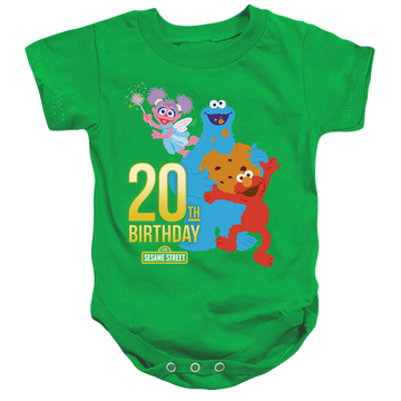 Kelly green baby bodysuit with Sesame Street 20Th Birthday Group graphic