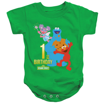 Kelly green baby bodysuit with Sesame Street 1St Birthday graphic