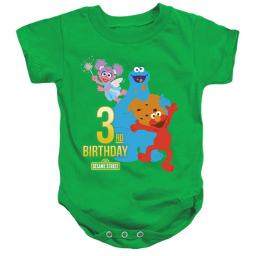 Kelly green baby bodysuit with Sesame Street 3Rd Birthday graphic