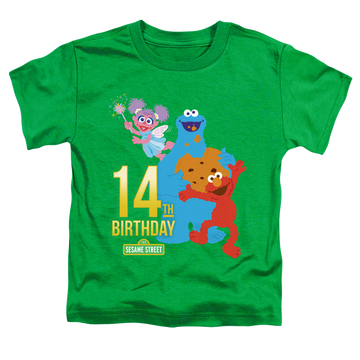Kelly green toddler t-shirt with Sesame Street 14Th Birthday graphic