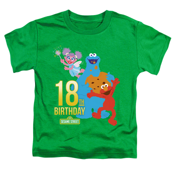 Kelly green toddler t-shirt with Sesame Street 18Th Birthday graphic