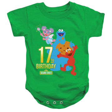 Kelly green baby bodysuit with Sesame Street 17Th Birthday graphic